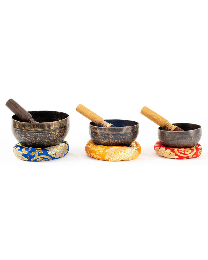Tibetan Black Patterned Singing Bowl Set, with Cushion and Striker