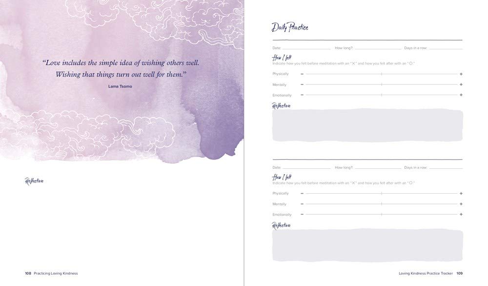 Inspirational quote and daily practice section, white background with purple graphic