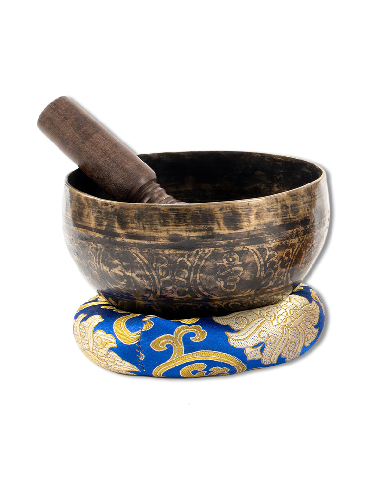 Tibetan Black Patterned Singing Bowl Set, with Cushion and Striker