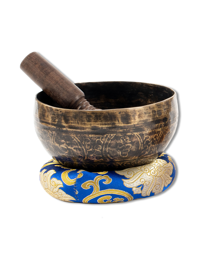 Tibetan Black Patterned Singing Bowl Set, with Cushion and Striker