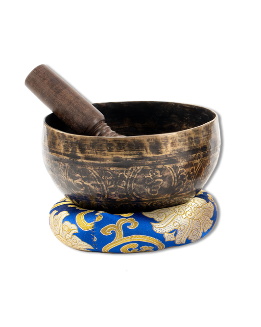 Tibetan Black Patterned Singing Bowl Set, with Cushion and Striker