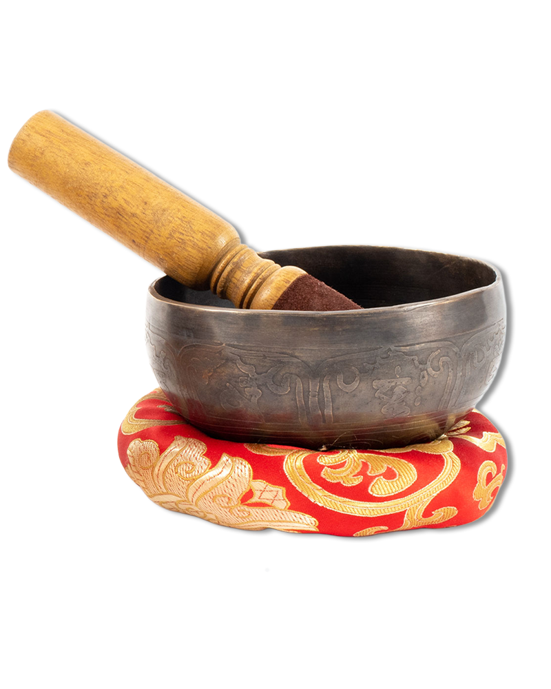Tibetan Black Patterned Singing Bowl Set, with Cushion and Striker