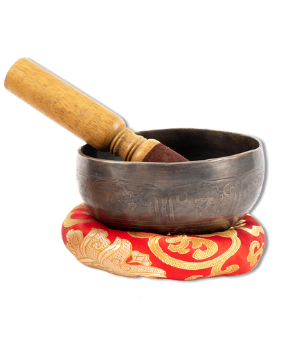 Tibetan Black Patterned Singing Bowl Set, with Cushion and Striker