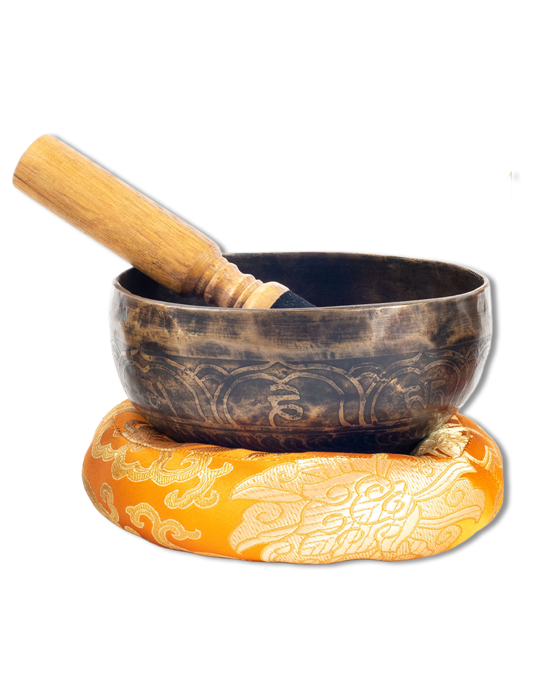 Tibetan Black Patterned Singing Bowl Set, with Cushion and Striker