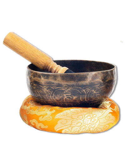 Tibetan Black Patterned Singing Bowl Set, with Cushion and Striker