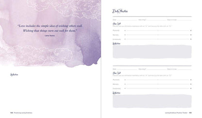 Inspirational quote and daily practice section, white background with purple graphic